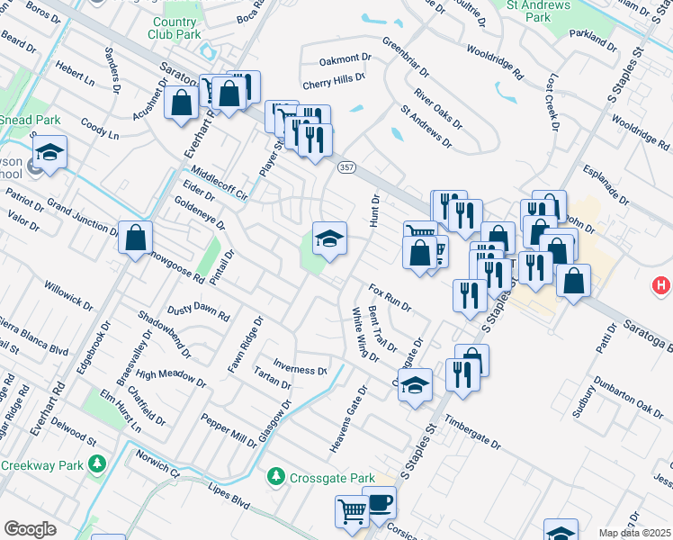 map of restaurants, bars, coffee shops, grocery stores, and more near 6525 Hunt Drive in Corpus Christi