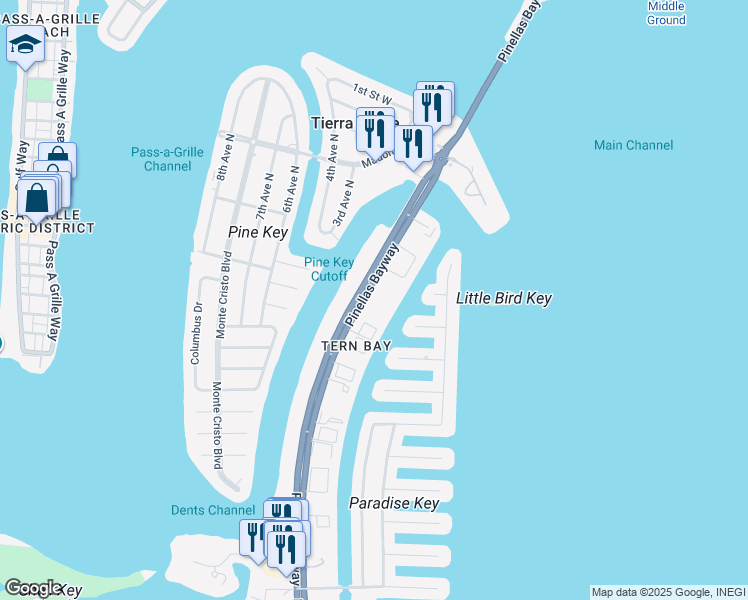map of restaurants, bars, coffee shops, grocery stores, and more near 207 Pinellas Bayway South in Tierra Verde