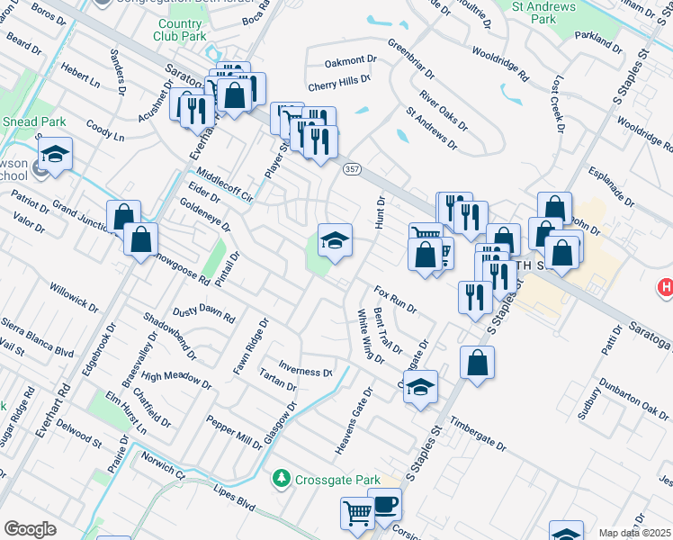 map of restaurants, bars, coffee shops, grocery stores, and more near 5222 Merganser Drive in Corpus Christi