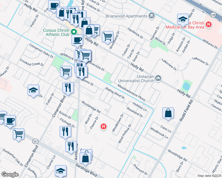 map of restaurants, bars, coffee shops, grocery stores, and more near 6620 Riding Wind Drive in Corpus Christi