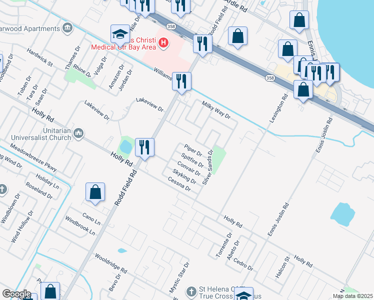 map of restaurants, bars, coffee shops, grocery stores, and more near 7425 Piper Drive in Corpus Christi