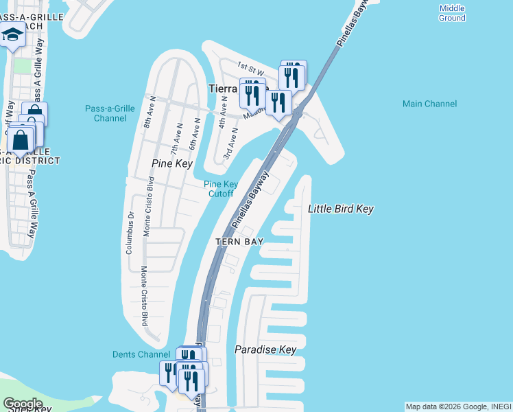 map of restaurants, bars, coffee shops, grocery stores, and more near 455 Pinellas Bayway South in Tierra Verde