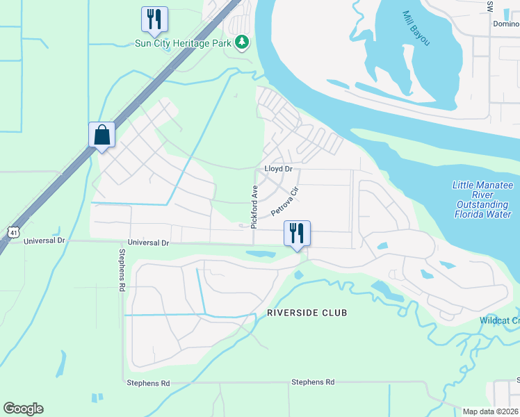 map of restaurants, bars, coffee shops, grocery stores, and more near 3618 Compson Circle in Ruskin
