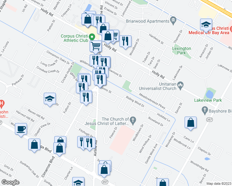 map of restaurants, bars, coffee shops, grocery stores, and more near 6530 Lyons Street in Corpus Christi