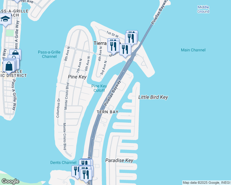 map of restaurants, bars, coffee shops, grocery stores, and more near 207 Pinellas Bayway South in Tierra Verde