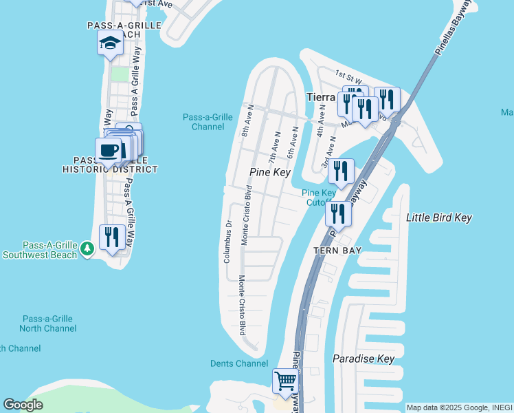 map of restaurants, bars, coffee shops, grocery stores, and more near 643 7th Avenue North in Tierra Verde