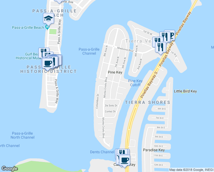 map of restaurants, bars, coffee shops, grocery stores, and more near 615 Monte Cristo Boulevard in Saint Petersburg