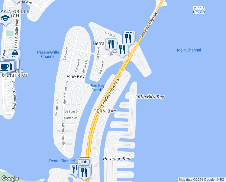 map of restaurants, bars, coffee shops, grocery stores, and more near 207 Pinellas Bayway South in Tierra Verde