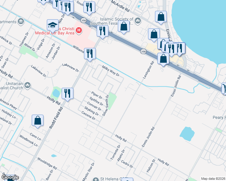 map of restaurants, bars, coffee shops, grocery stores, and more near 1758 Dawn Breeze Drive in Corpus Christi