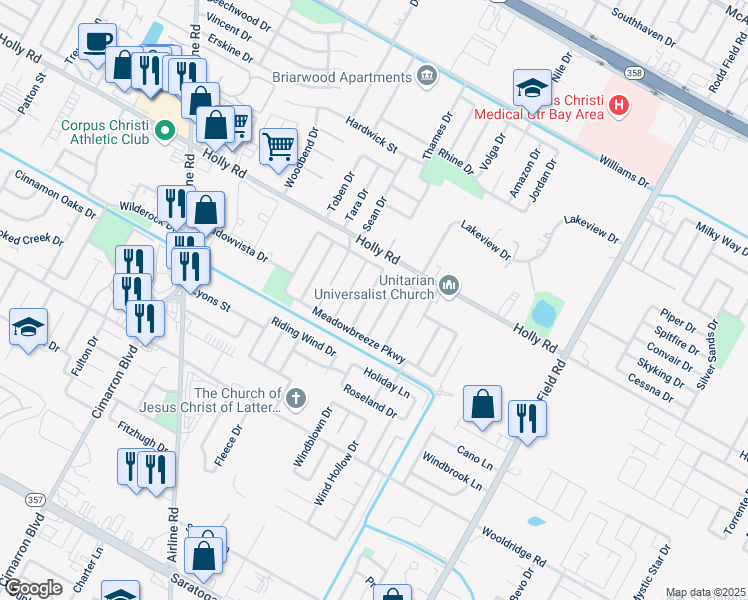 map of restaurants, bars, coffee shops, grocery stores, and more near 2134 Meadowwalk Drive in Corpus Christi