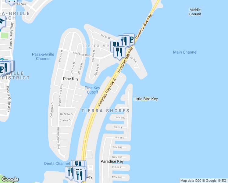 map of restaurants, bars, coffee shops, grocery stores, and more near 346 Madeira Circle in Saint Petersburg