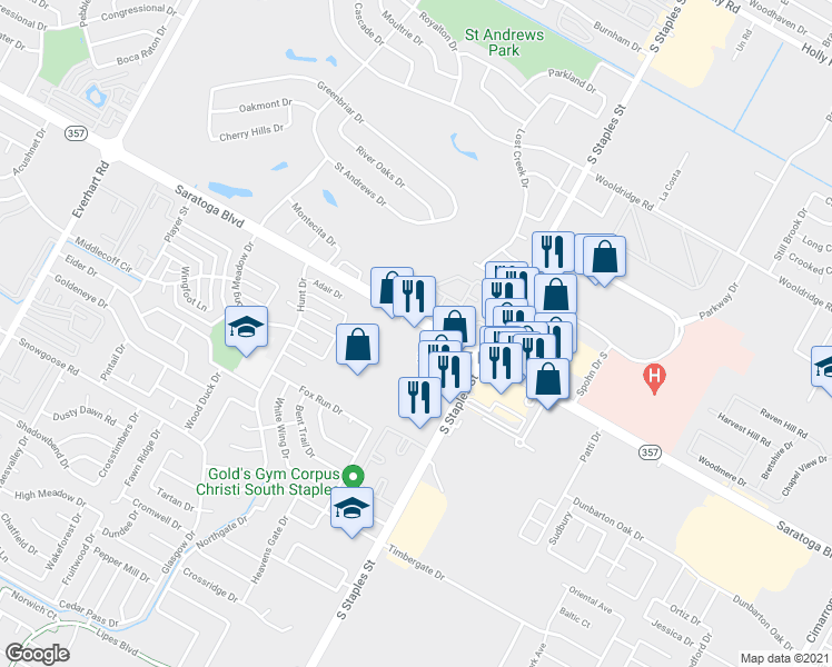 map of restaurants, bars, coffee shops, grocery stores, and more near 5409 Saratoga Boulevard in Corpus Christi