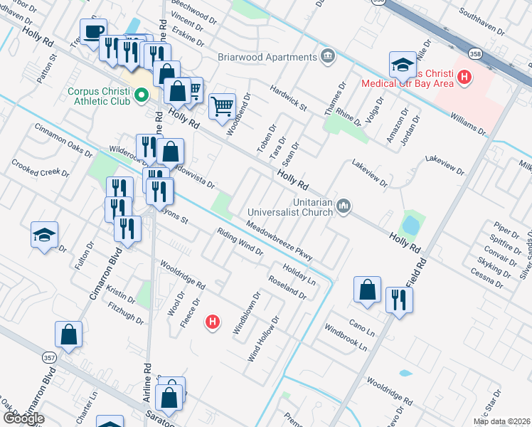 map of restaurants, bars, coffee shops, grocery stores, and more near 2129 Meadowview Drive in Corpus Christi