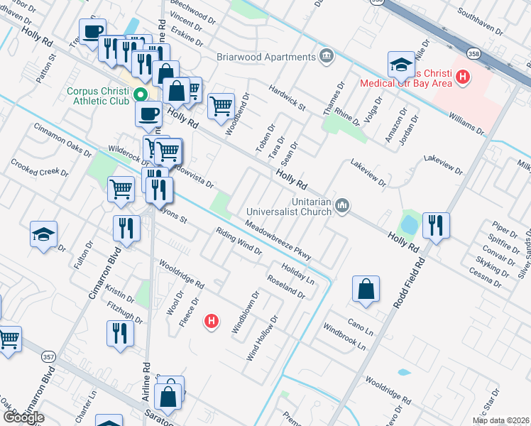 map of restaurants, bars, coffee shops, grocery stores, and more near 2129 Meadowview Drive in Corpus Christi