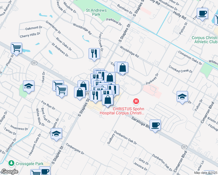 map of restaurants, bars, coffee shops, grocery stores, and more near 5626 Saratoga Boulevard in Corpus Christi