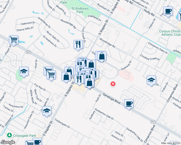 map of restaurants, bars, coffee shops, grocery stores, and more near 5626 Saratoga Boulevard in Corpus Christi