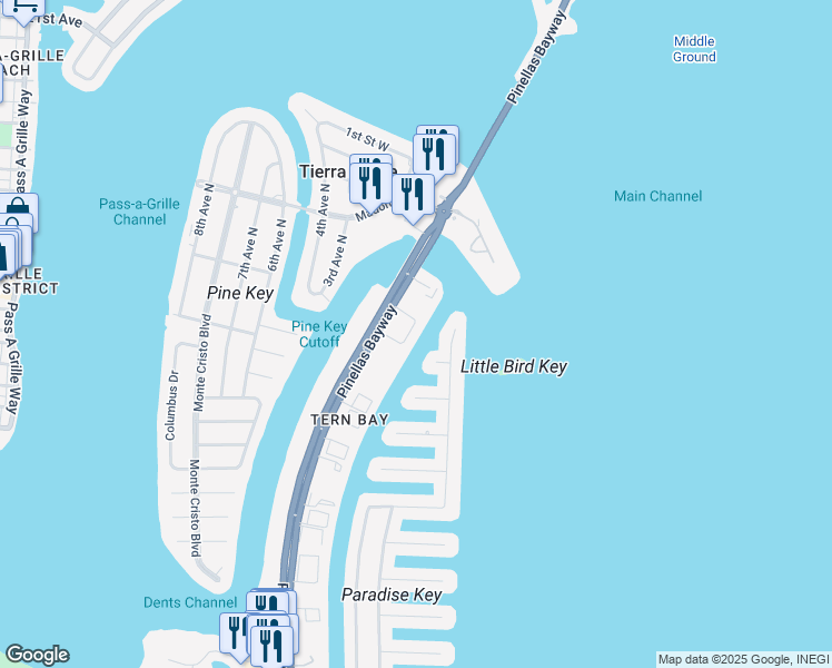 map of restaurants, bars, coffee shops, grocery stores, and more near 295 Madeira Circle in St. Petersburg
