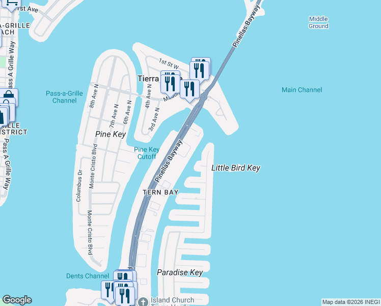 map of restaurants, bars, coffee shops, grocery stores, and more near 295 Madeira Circle in St. Petersburg