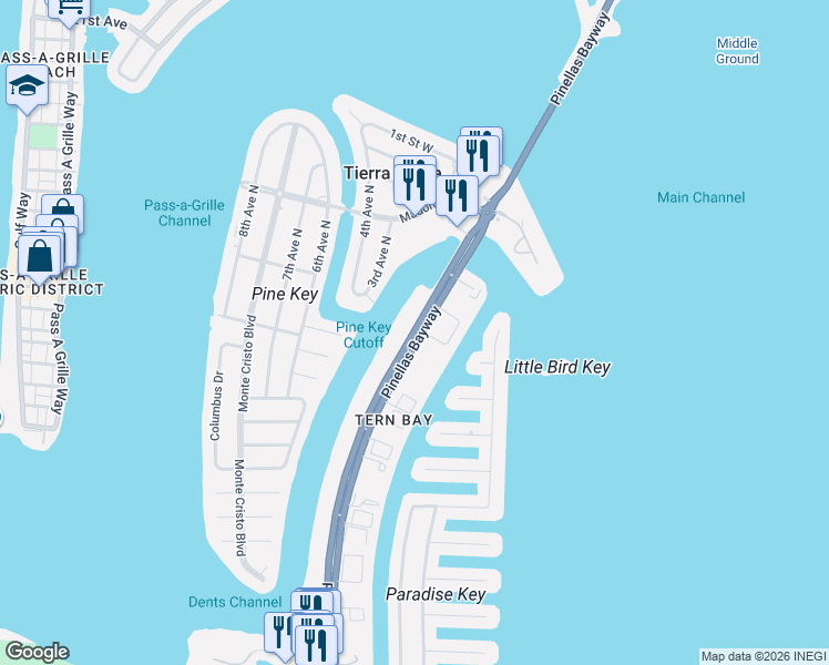 map of restaurants, bars, coffee shops, grocery stores, and more near 260 Madeira Circle in St. Petersburg