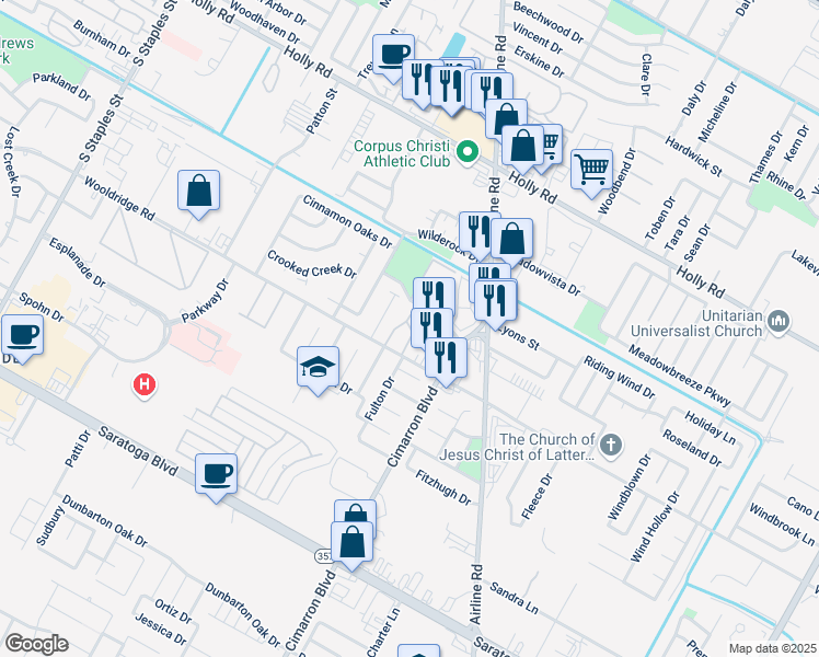 map of restaurants, bars, coffee shops, grocery stores, and more near 5 Misty Meadow Road in Corpus Christi