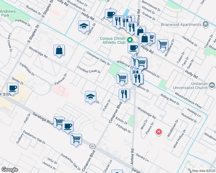 map of restaurants, bars, coffee shops, grocery stores, and more near 6122 Wooldridge Road in Corpus Christi