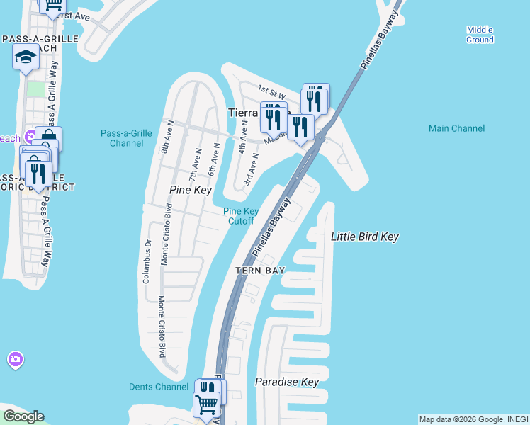 map of restaurants, bars, coffee shops, grocery stores, and more near 370 State Highway 679 in Tierra Verde