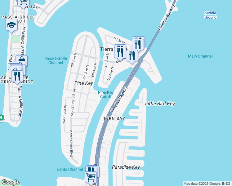 map of restaurants, bars, coffee shops, grocery stores, and more near 370 State Highway 679 in Tierra Verde