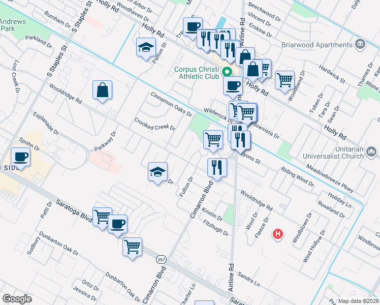 map of restaurants, bars, coffee shops, grocery stores, and more near 6122 Wooldridge Road in Corpus Christi
