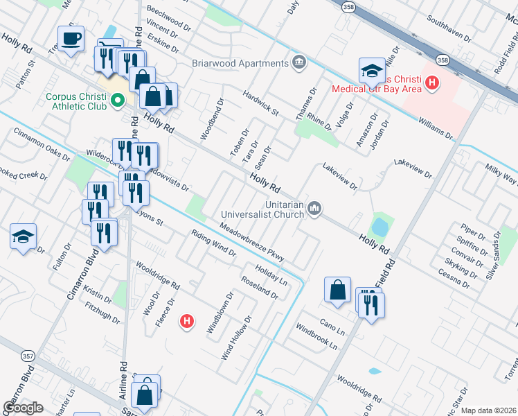 map of restaurants, bars, coffee shops, grocery stores, and more near 2114 Meadowpass Drive in Corpus Christi