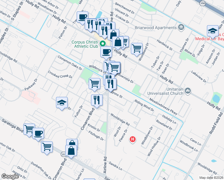 map of restaurants, bars, coffee shops, grocery stores, and more near 2322 Airline Road in Corpus Christi