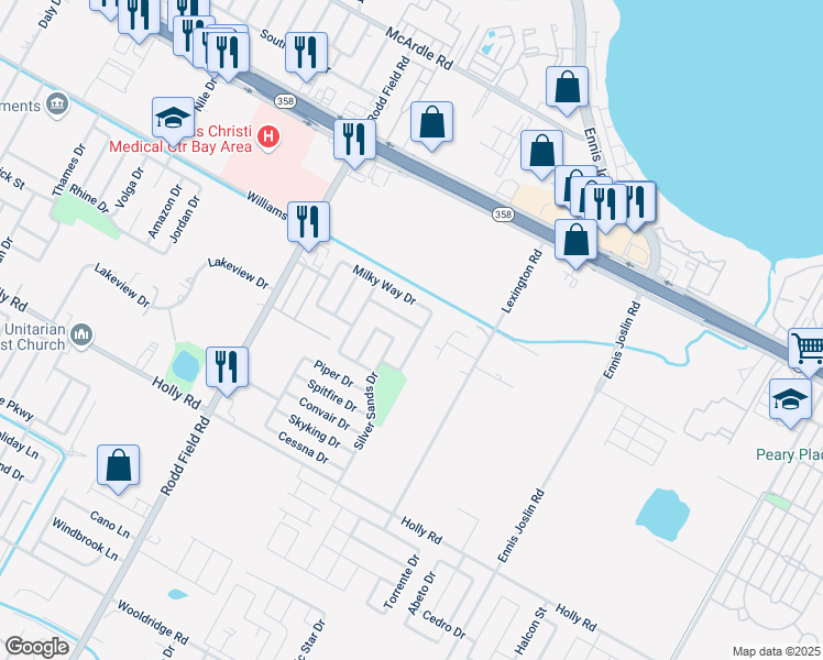 map of restaurants, bars, coffee shops, grocery stores, and more near 7445 Whisper Wind Drive in Corpus Christi