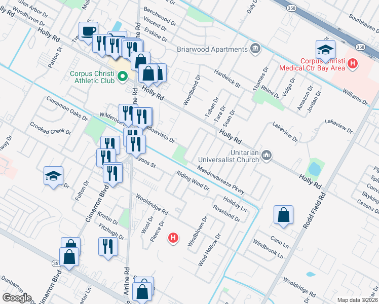 map of restaurants, bars, coffee shops, grocery stores, and more near 2210 Meadowlight Parkway in Corpus Christi