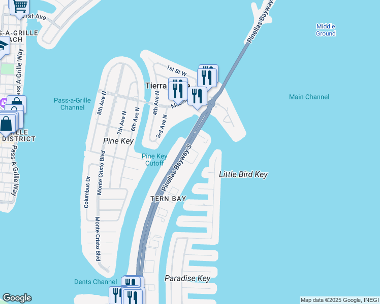 map of restaurants, bars, coffee shops, grocery stores, and more near 260 Madeira Circle in St. Petersburg