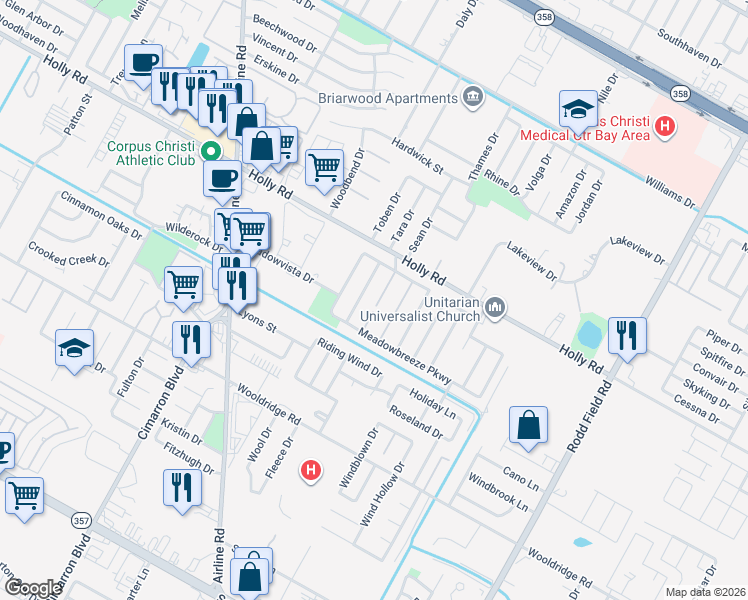 map of restaurants, bars, coffee shops, grocery stores, and more near 2129 Meadowview Drive in Corpus Christi
