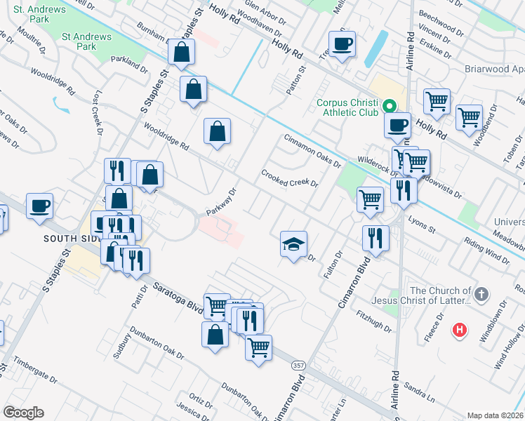 map of restaurants, bars, coffee shops, grocery stores, and more near 5929 Wooldridge Road in Corpus Christi