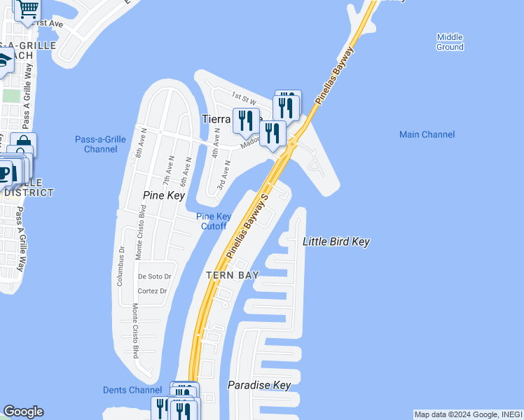 map of restaurants, bars, coffee shops, grocery stores, and more near 260 Madeira Circle in St. Petersburg