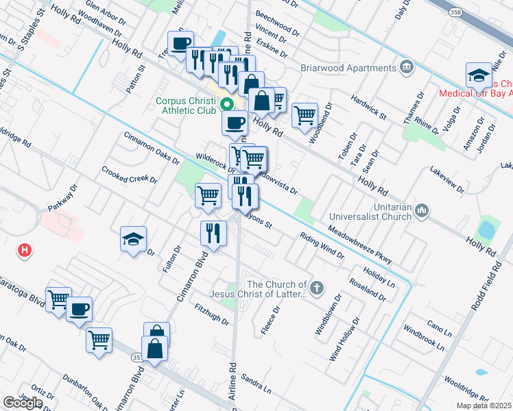 map of restaurants, bars, coffee shops, grocery stores, and more near 2306 Airline Road in Corpus Christi