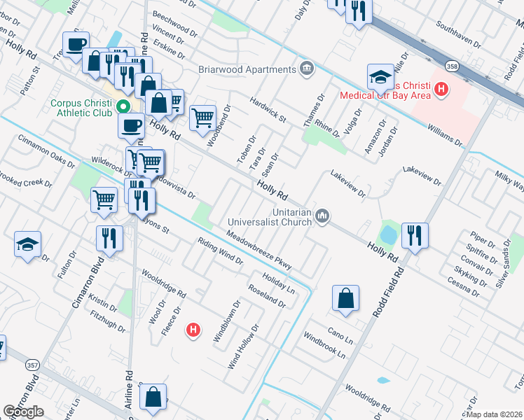 map of restaurants, bars, coffee shops, grocery stores, and more near 2114 Meadowpass Drive in Corpus Christi