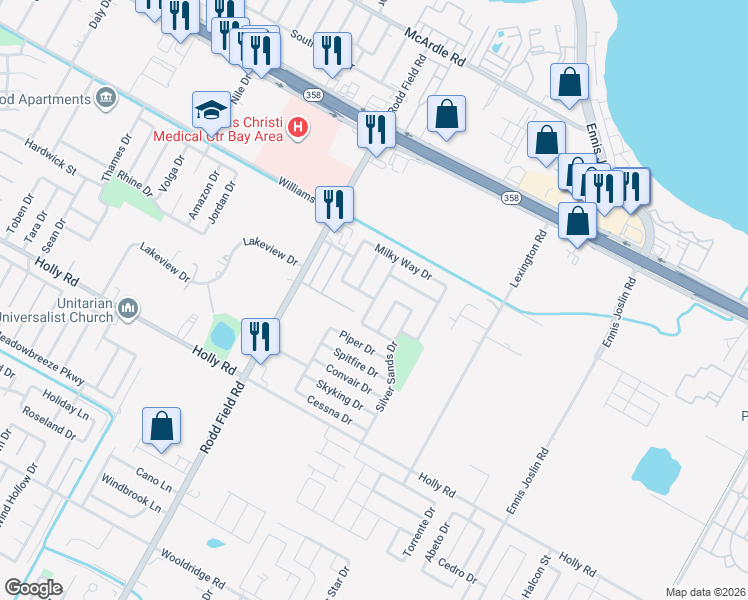 map of restaurants, bars, coffee shops, grocery stores, and more near 7398 Ursa Drive in Corpus Christi
