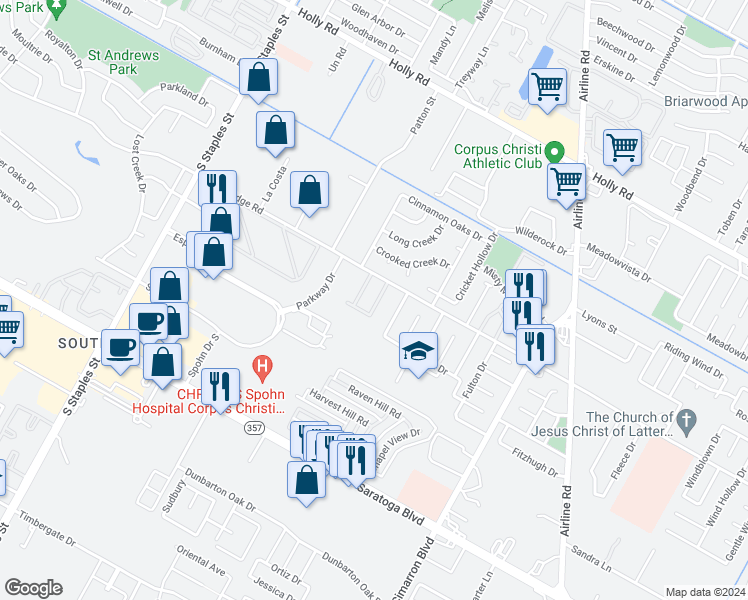 map of restaurants, bars, coffee shops, grocery stores, and more near 5929 Wooldridge Road in Corpus Christi