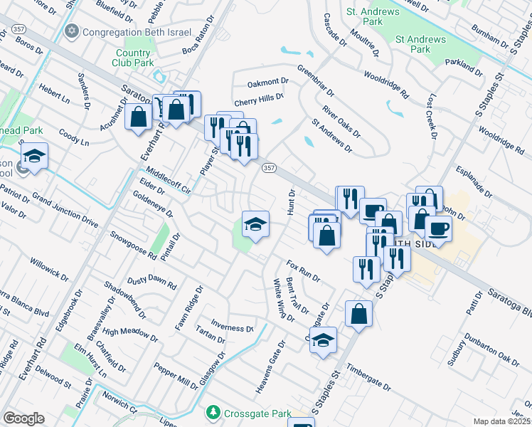 map of restaurants, bars, coffee shops, grocery stores, and more near 6650 Long Meadow Drive in Corpus Christi