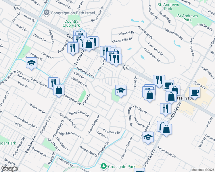 map of restaurants, bars, coffee shops, grocery stores, and more near 5065 Wingfoot Lane in Corpus Christi