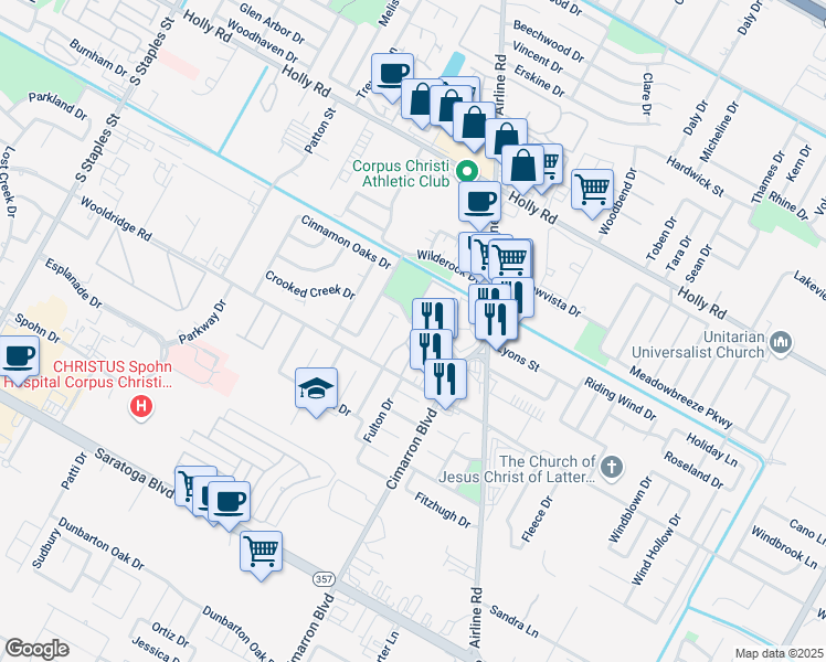 map of restaurants, bars, coffee shops, grocery stores, and more near 5 Misty Meadow Road in Corpus Christi