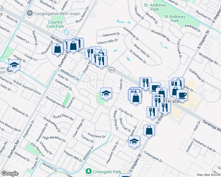 map of restaurants, bars, coffee shops, grocery stores, and more near 6650 Long Meadow Drive in Corpus Christi