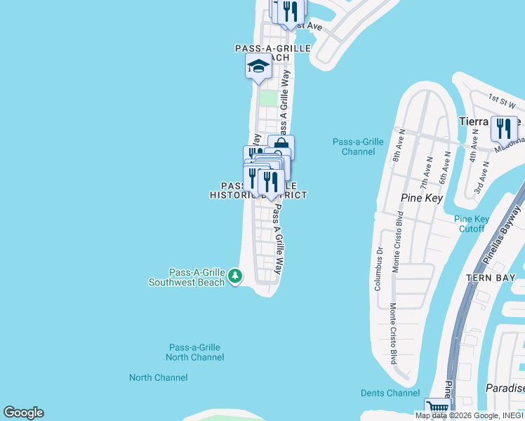 map of restaurants, bars, coffee shops, grocery stores, and more near 102 7th Avenue in St. Pete Beach