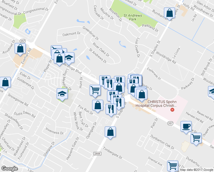 map of restaurants, bars, coffee shops, grocery stores, and more near 5322 Saratoga Blvd in Corpus Christi