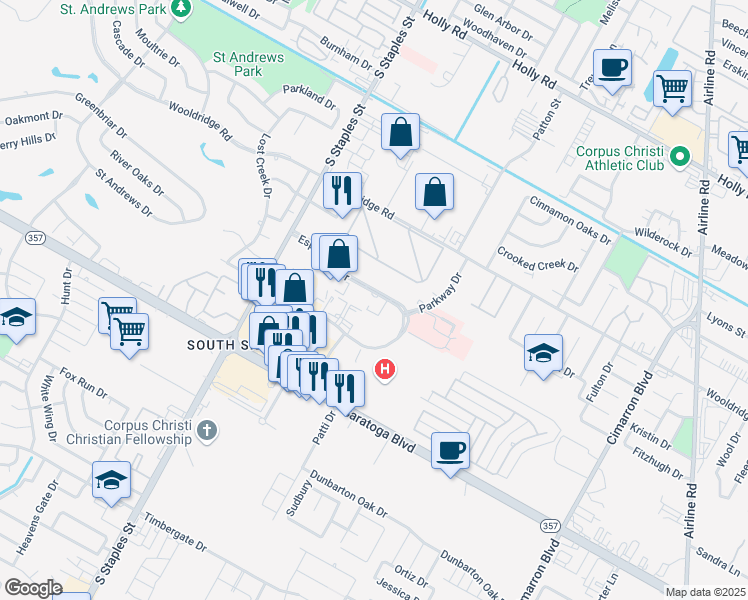 map of restaurants, bars, coffee shops, grocery stores, and more near 5813 Esplanade Drive in Corpus Christi