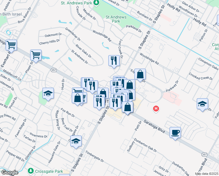 map of restaurants, bars, coffee shops, grocery stores, and more near 6433 South Staples Street in Corpus Christi