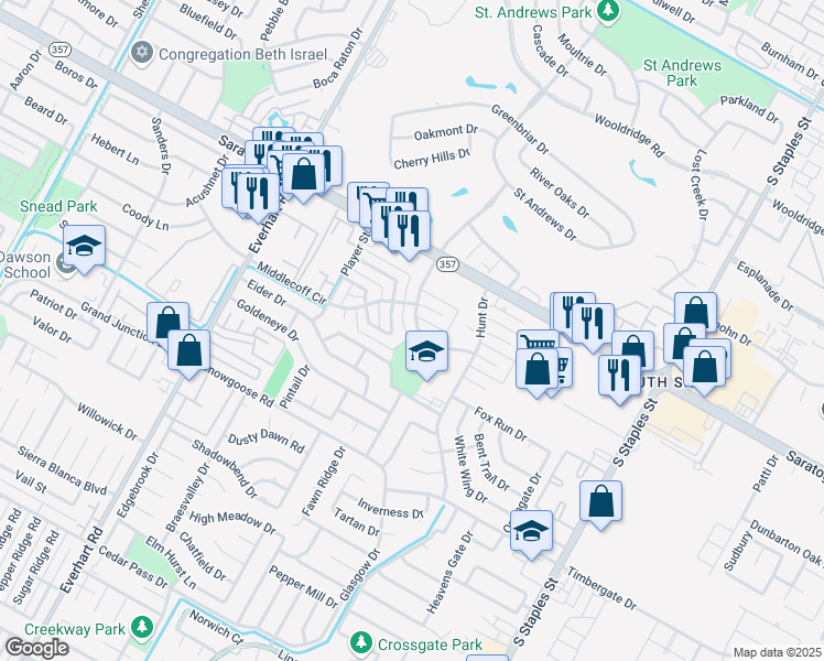 map of restaurants, bars, coffee shops, grocery stores, and more near 6543 Long Meadow Drive in Corpus Christi