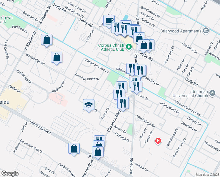 map of restaurants, bars, coffee shops, grocery stores, and more near 6122 Wooldridge Road in Corpus Christi